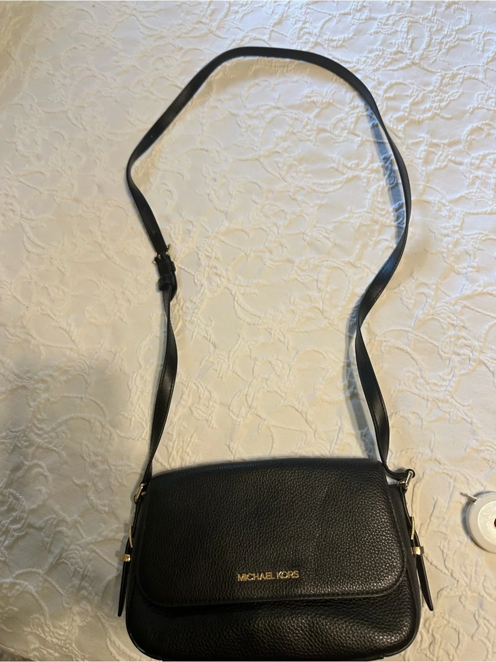 Michael Kors Black Pebbled Leather Small Crossbody with Gold Logo